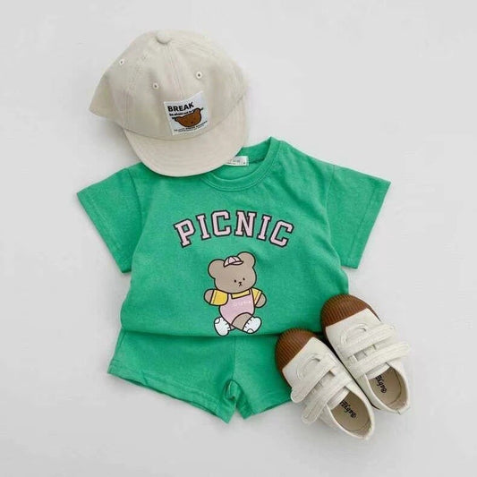 'PICNIC' Cute Cartoon Bear T-shirt & Shorts Set