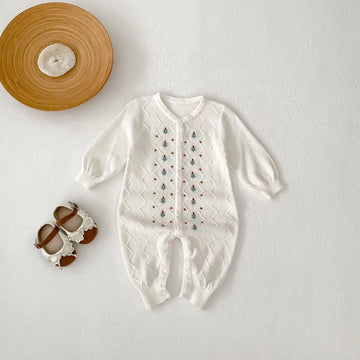 Embroidered Flower Print Knit Romper