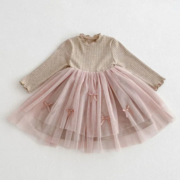 Girls' Bow Mesh Long-Sleeve Dress