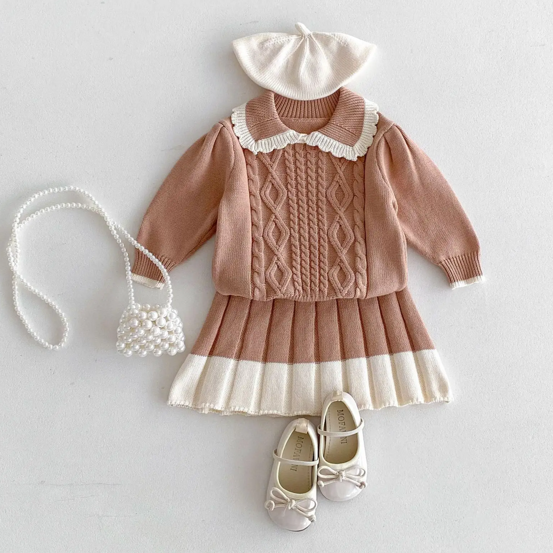 Girls Lace Lapel Knit Sweater & Pleated Skirt