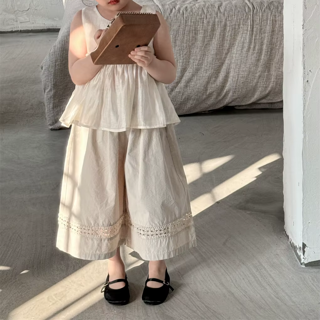 Girls' Cotton Lace Wide-Leg Pants