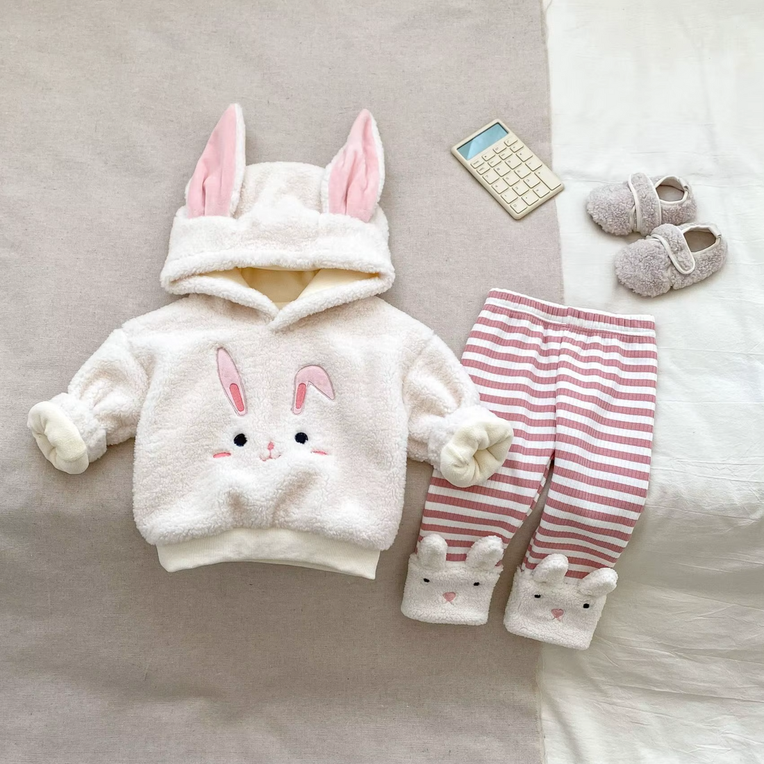 Plush Hooded Sweatshirt & Striped Leggings