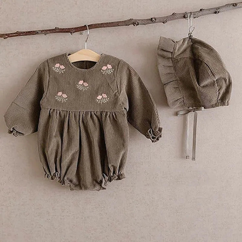 Vintage Embroidered Corduroy Romper & Hat