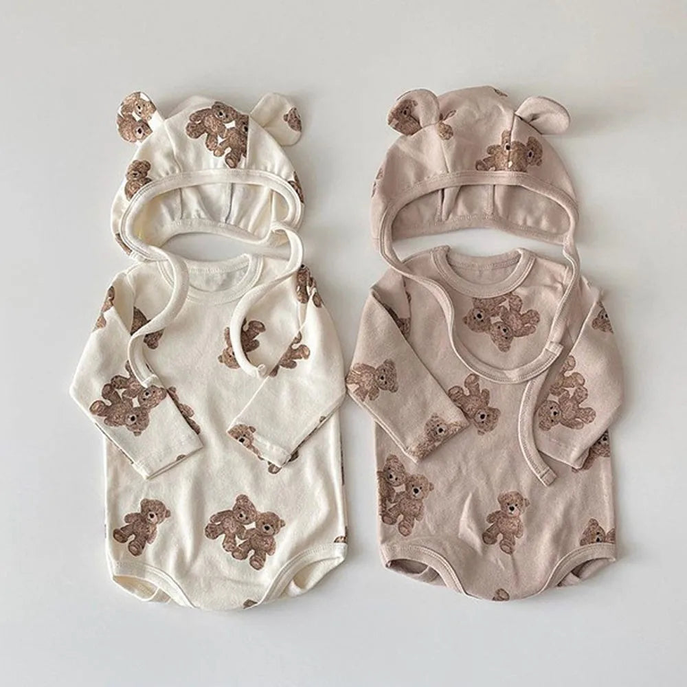 Cute Bear Print Onesie & Hat Set