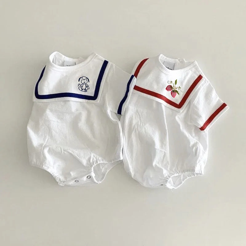 Square Collar Cartoon Embroidered Onesie