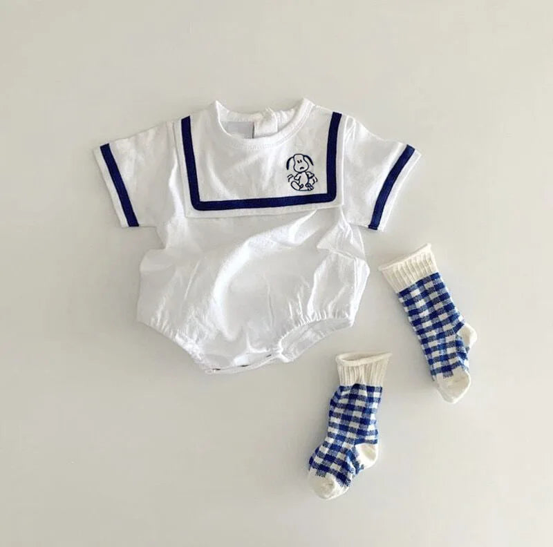 Square Collar Cartoon Embroidered Onesie