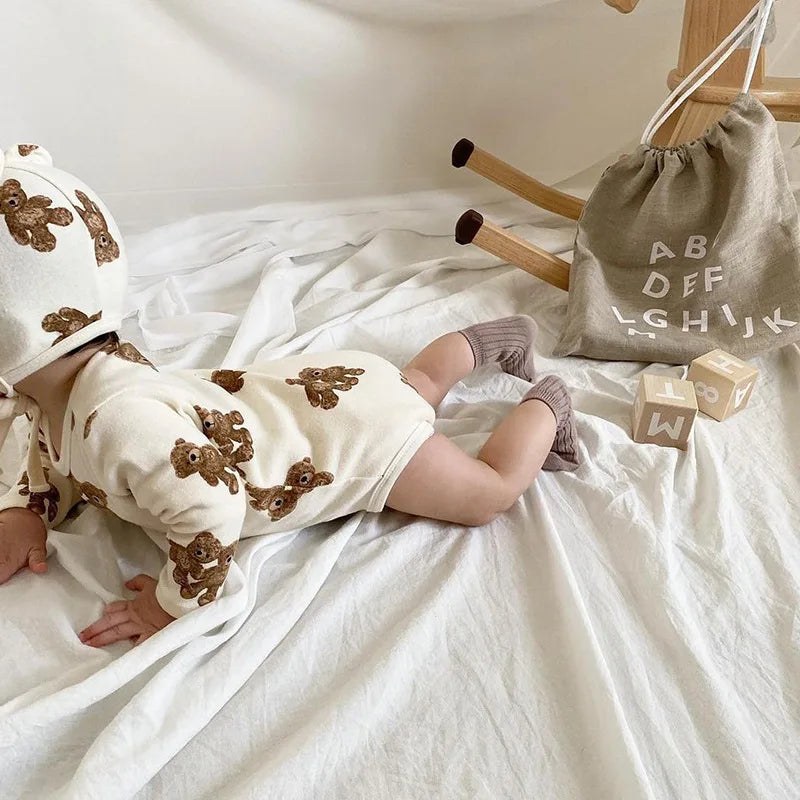 Cute Bear Print Onesie & Hat Set