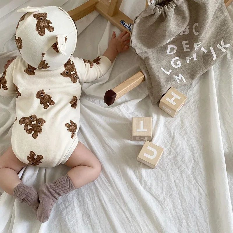 Cute Bear Print Onesie & Hat Set