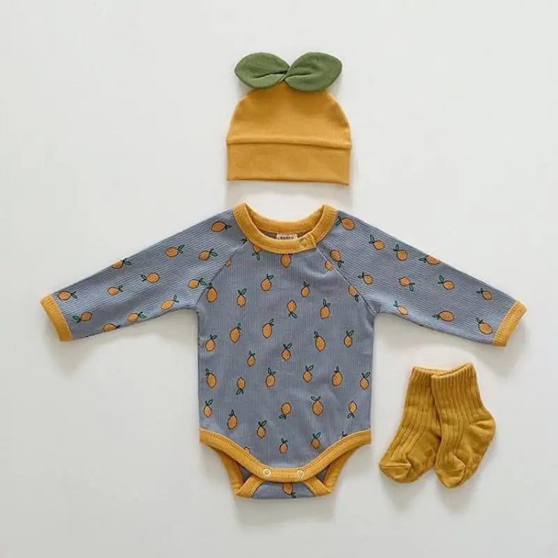 Lemon Print Jumpsuit Long Sleeve Onesie & Hat Set