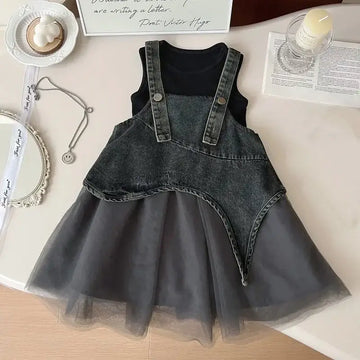 Girls' Sleeveless T-shirt & Denim Mesh Dress Set