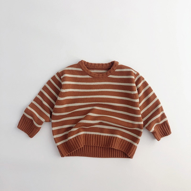 Unisex Kids' Casual Striped Long-Sleeved Knitted Cotton Pullover