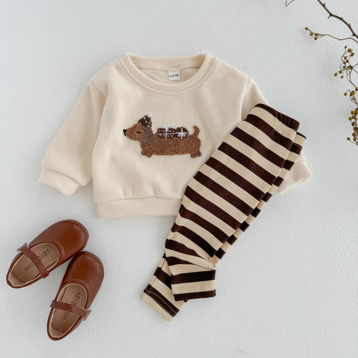 Cute Puppy Top & Striped Pants Set