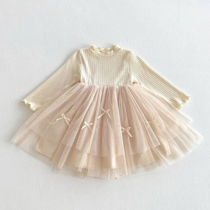 Girls' Bow Mesh Long-Sleeve Dress