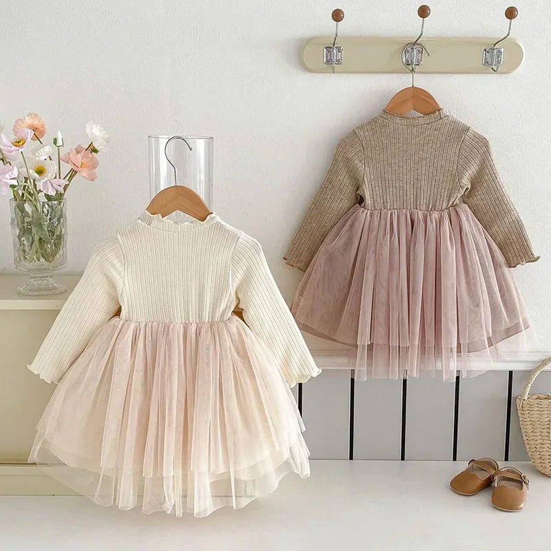 Girls' Bow Mesh Long-Sleeve Dress