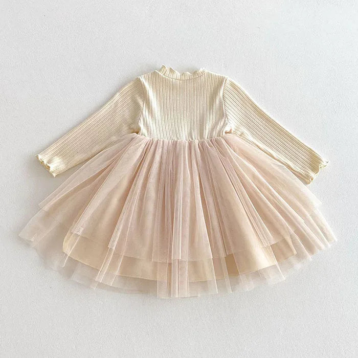 Girls' Bow Mesh Long-Sleeve Dress