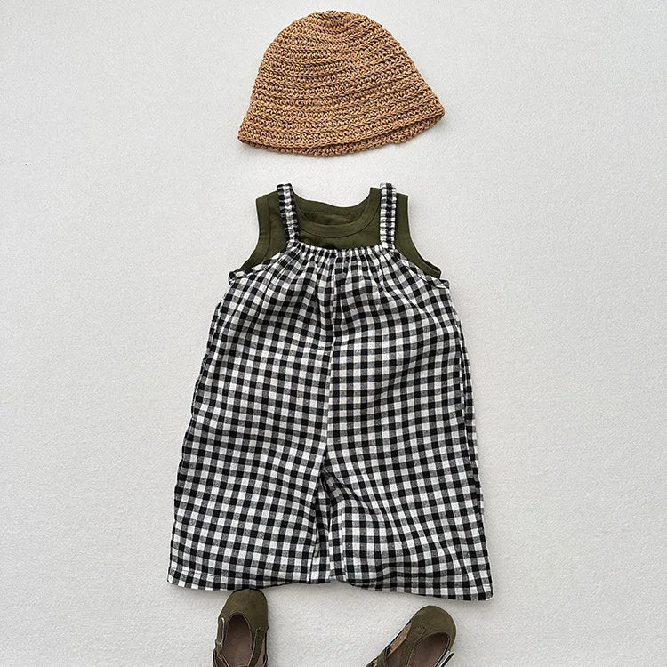 Girls' Plaid Wide-Leg Overalls