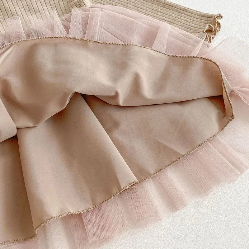 Girls' Bow Mesh Long-Sleeve Dress