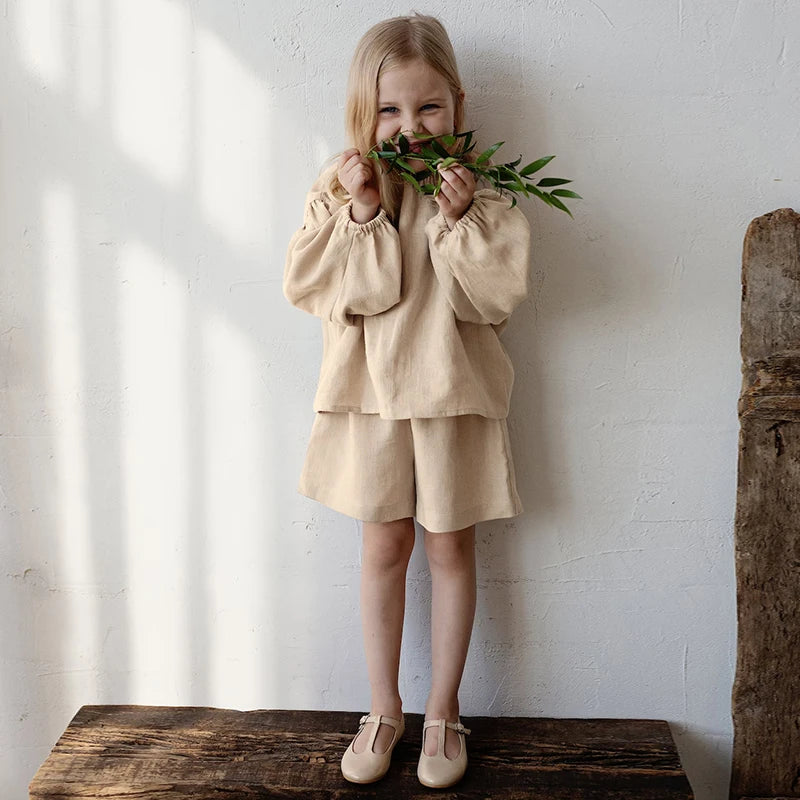 Retro Long Sleeve Linen Blouse & Shorts Set