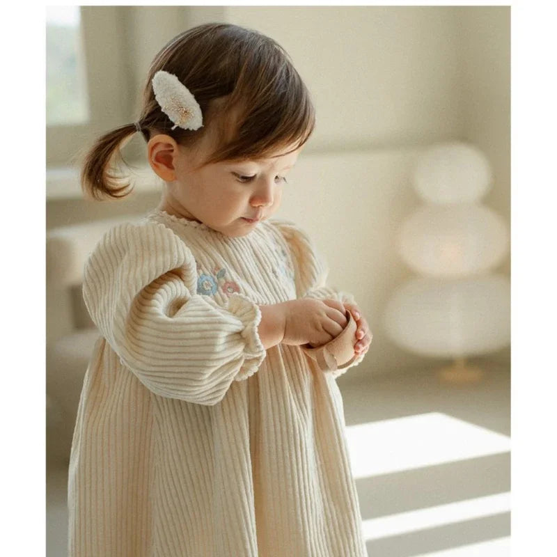 Corduroy Embroidered Long-sleeved Princess Dress