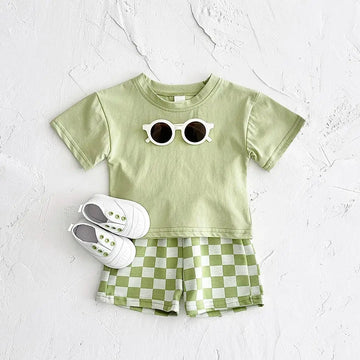 Solid Tee & Checkered Shorts Set