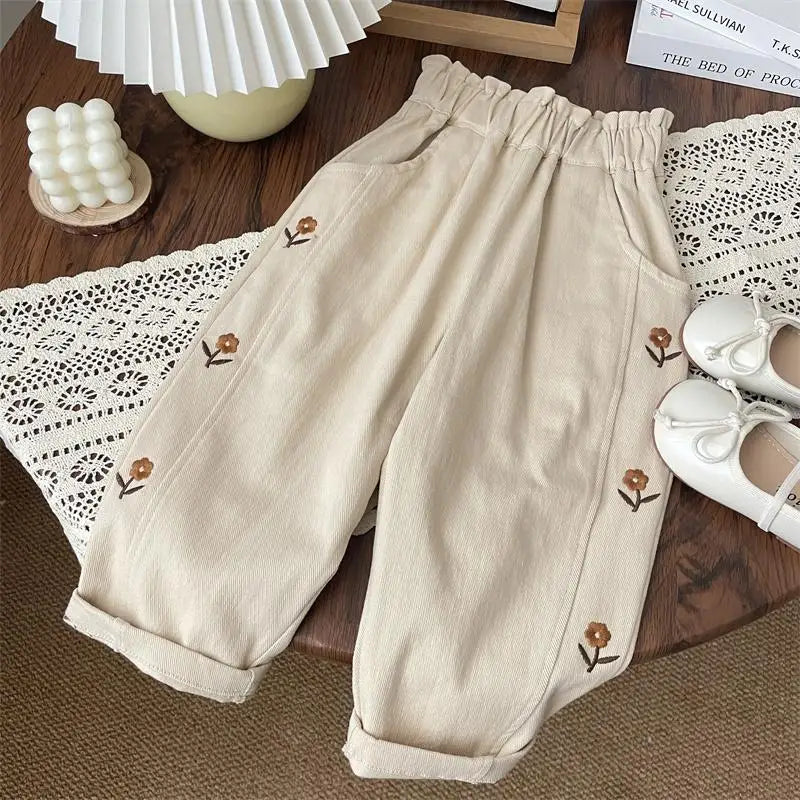 Embroidered Flower Print Harem Pants