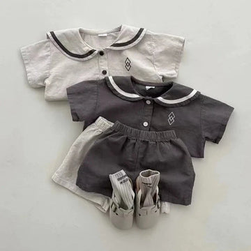 Short Sleeve Navy Collar Tops & Shorts Set