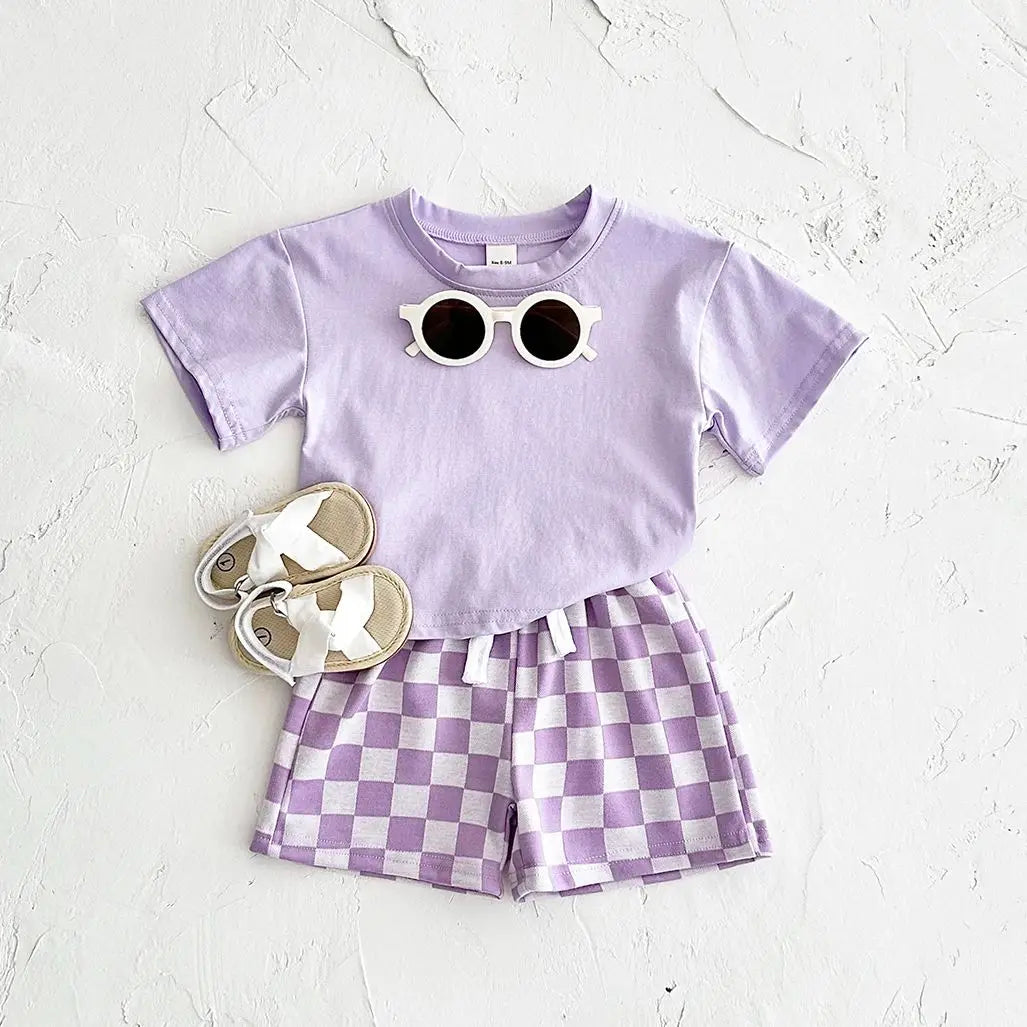 Solid Tee & Checkered Shorts Set