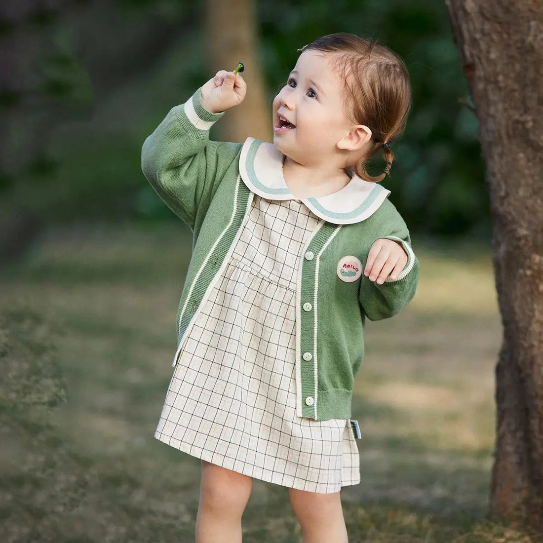 Girls' Button-Down Cardigan & Plaid Dress Set