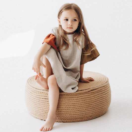 Girls Natural Linen Patchwork Outfit