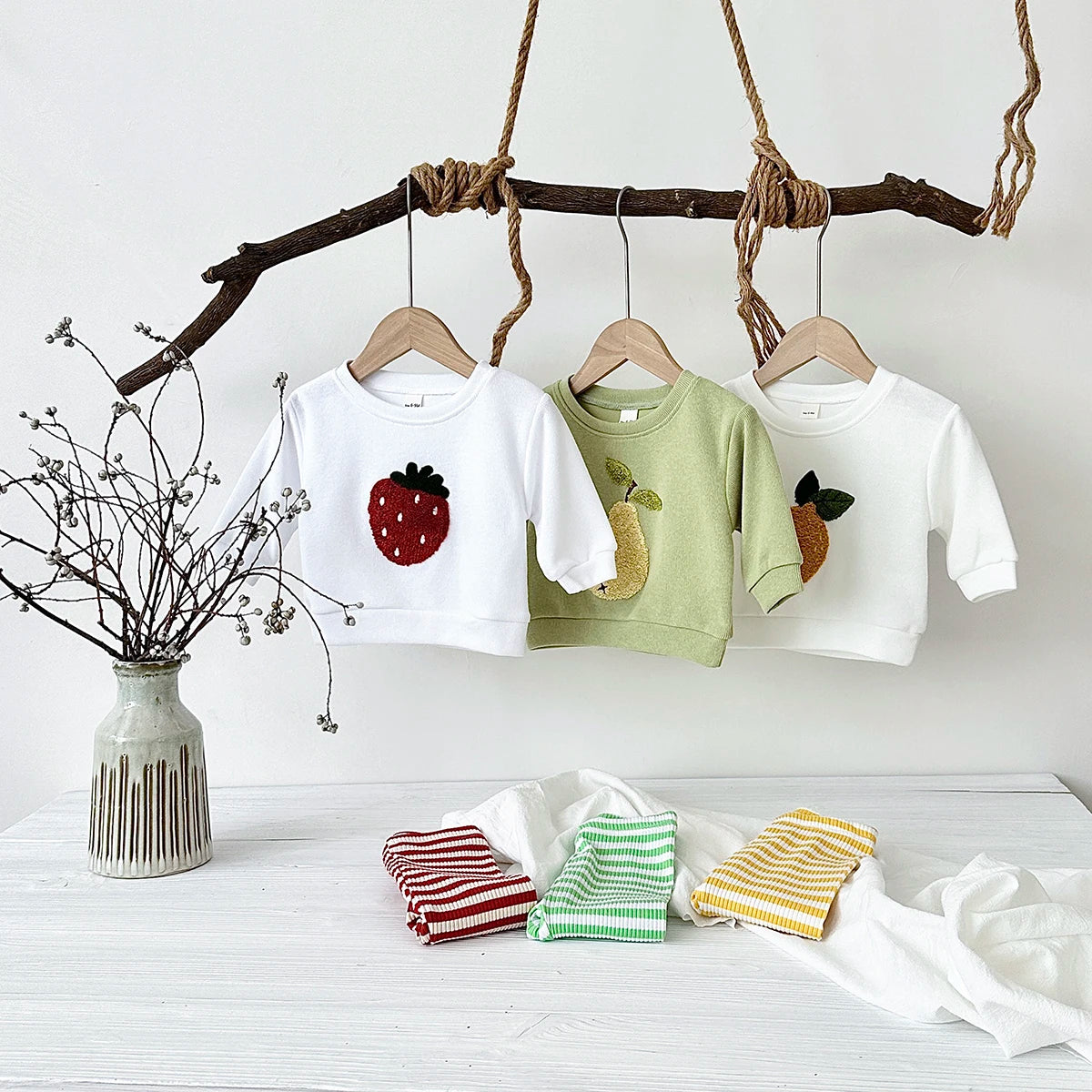 Plush Fruit Sweatshirt & Striped Leggings Set