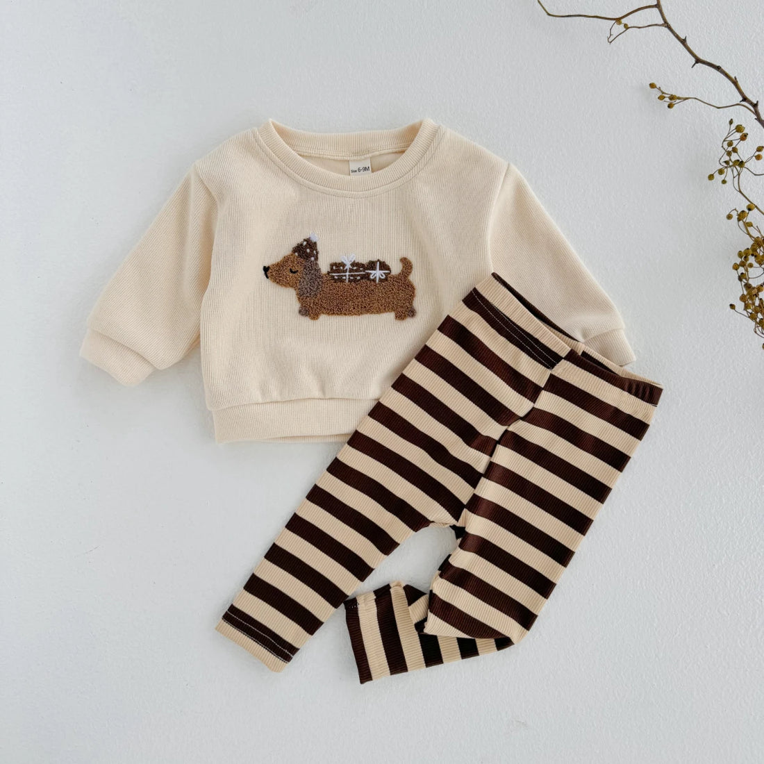 Cute Puppy Top & Striped Pants Set