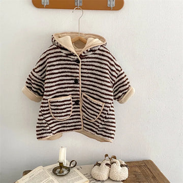 Striped Thick Button-Down Hooded Parka