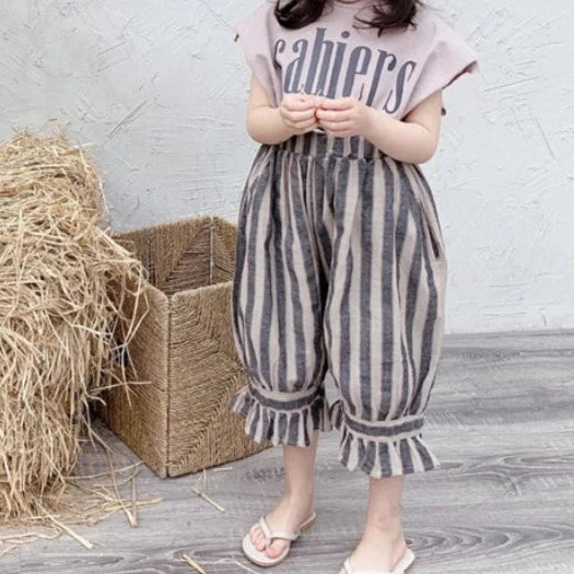 Retro Striped Calf-Length Ruffled Pants