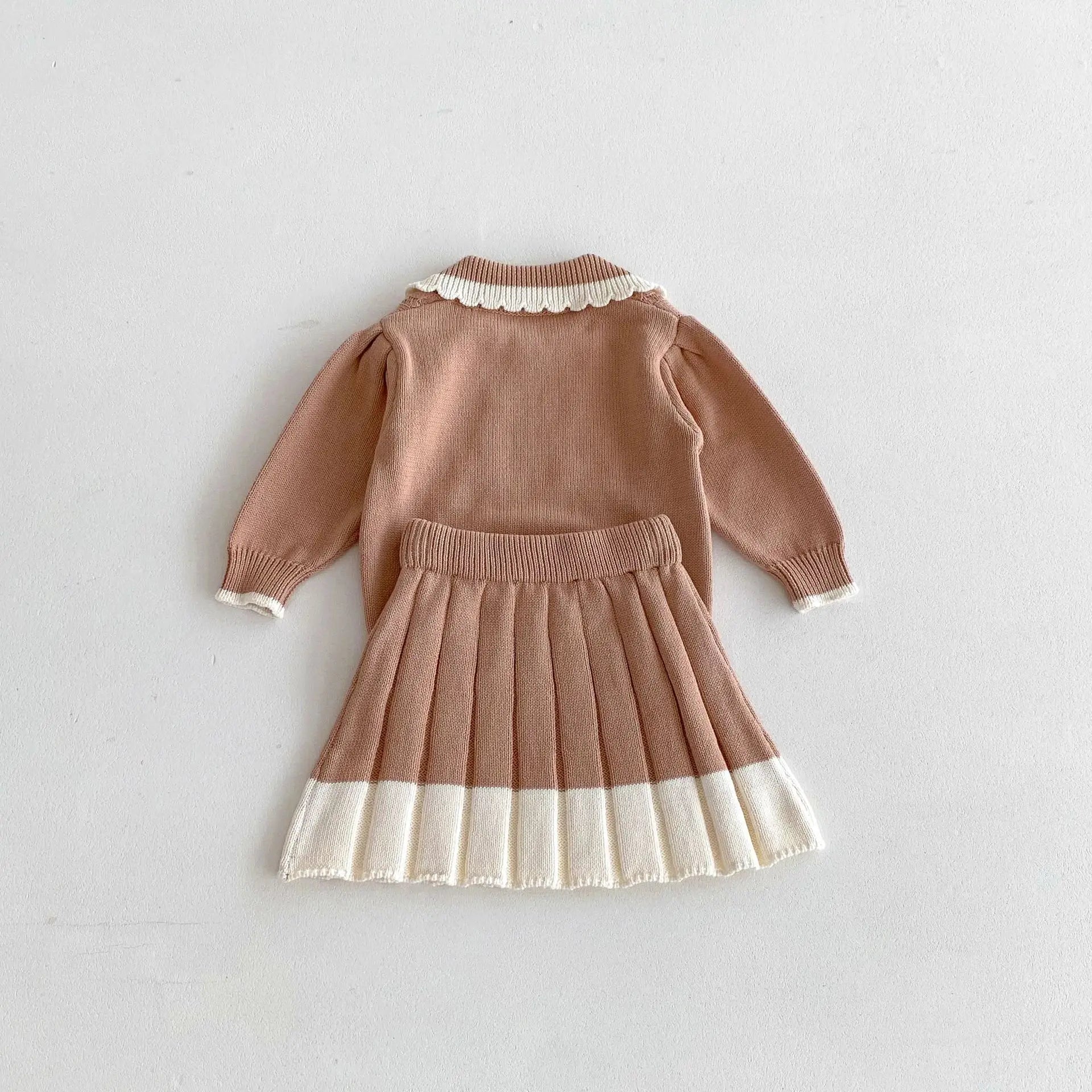 Girls Lace Lapel Knit Sweater & Pleated Skirt