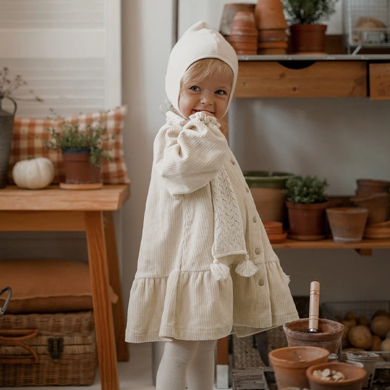 Vintage Ruffled Long-Sleeved Corduroy Dress