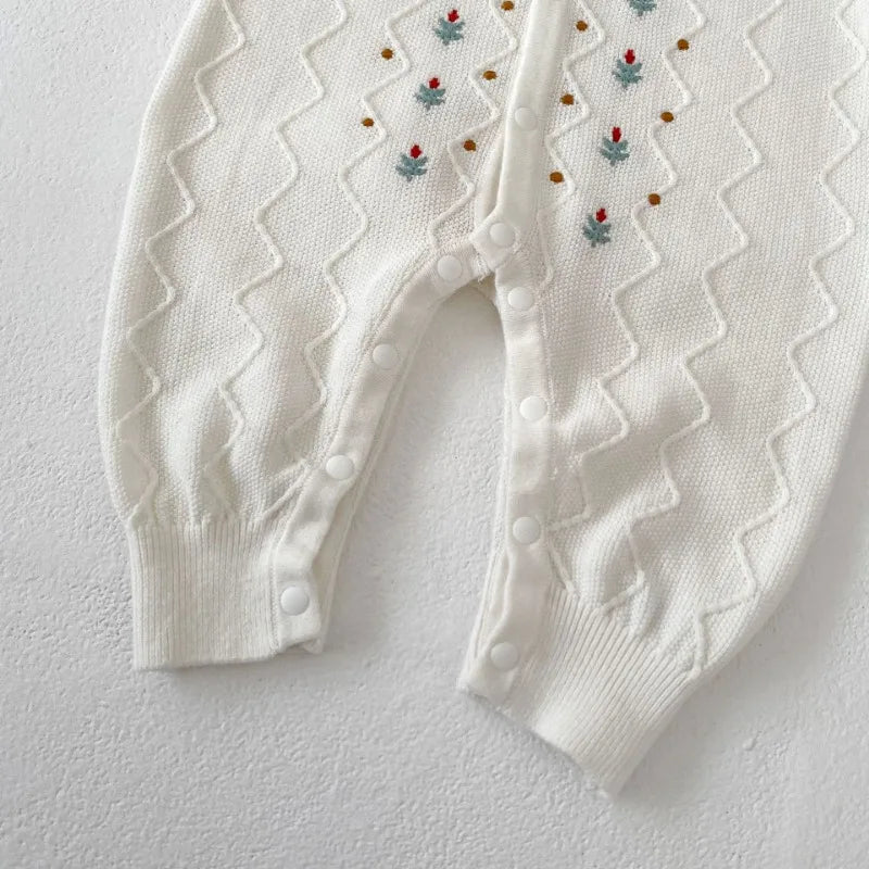 Embroidered Flower Print Knit Romper