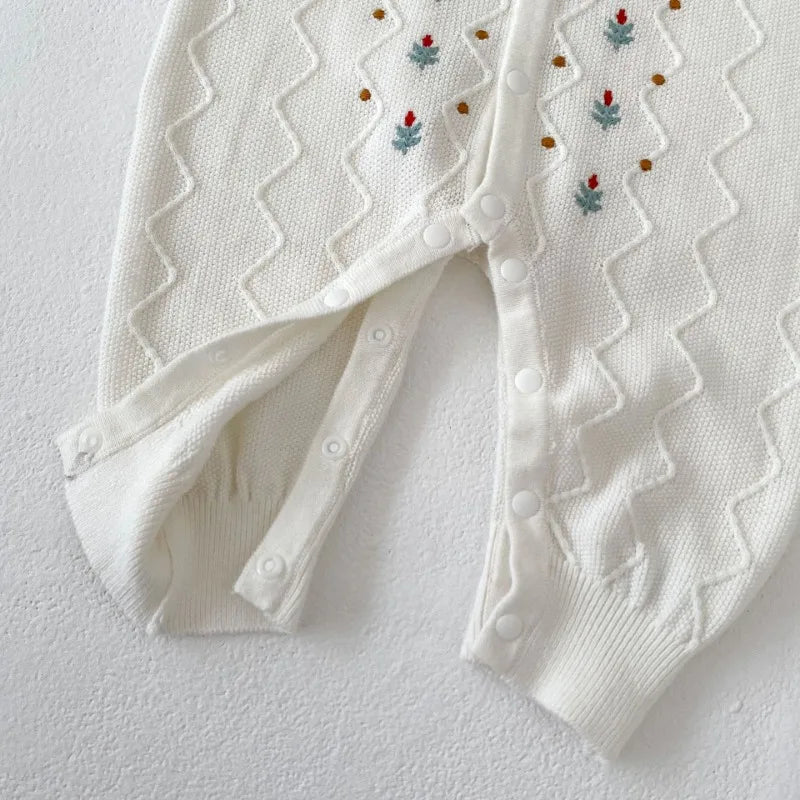 Embroidered Flower Print Knit Romper