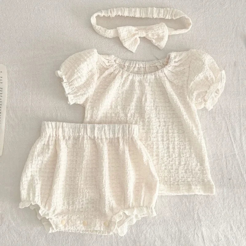 Puff Sleeve Blouse+ Solid Shorts & Bow Headband Set