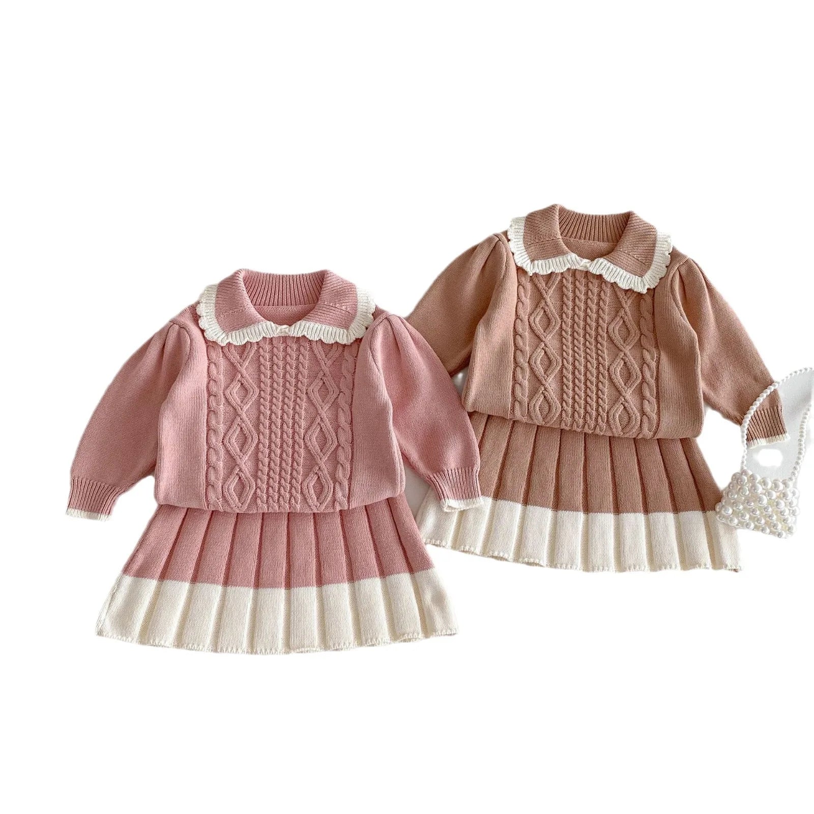 Girls Lace Lapel Knit Sweater & Pleated Skirt