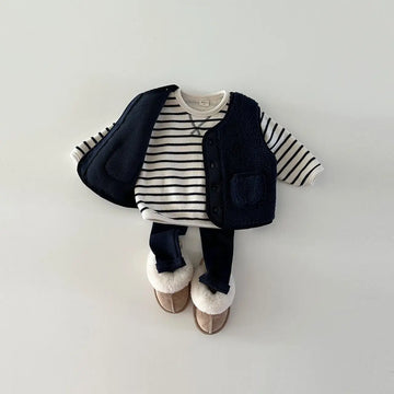 Sherpa Vest + Striped Top + Leggings Set