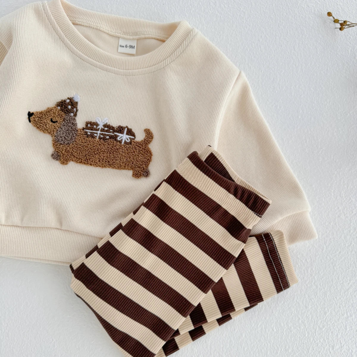 Cute Puppy Top & Striped Pants Set