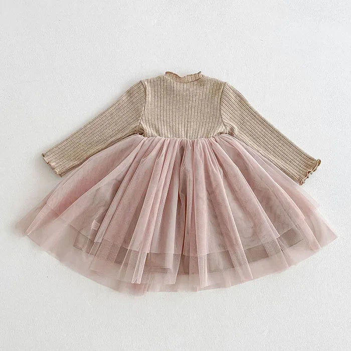 Girls' Bow Mesh Long-Sleeve Dress
