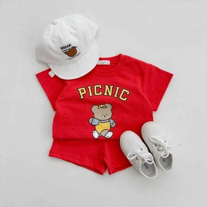 'PICNIC' Cute Cartoon Bear T-shirt & Shorts Set