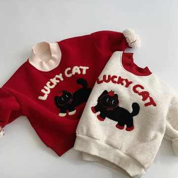 'LUCKY CAT' Thick Fleece-Lined Sweatshirt