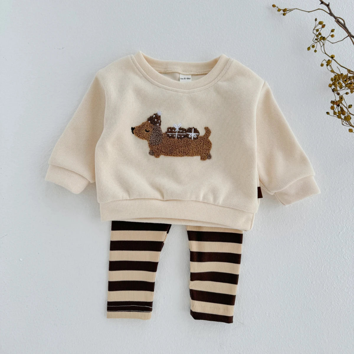 Cute Puppy Top & Striped Pants Set