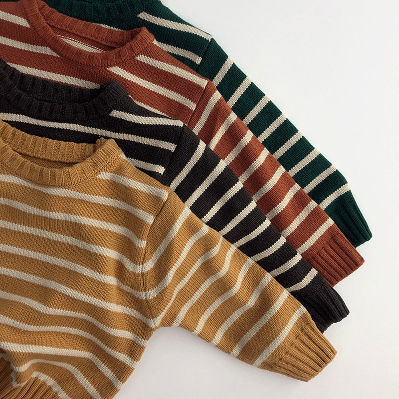 Unisex Kids' Casual Striped Long-Sleeved Knitted Cotton Pullover