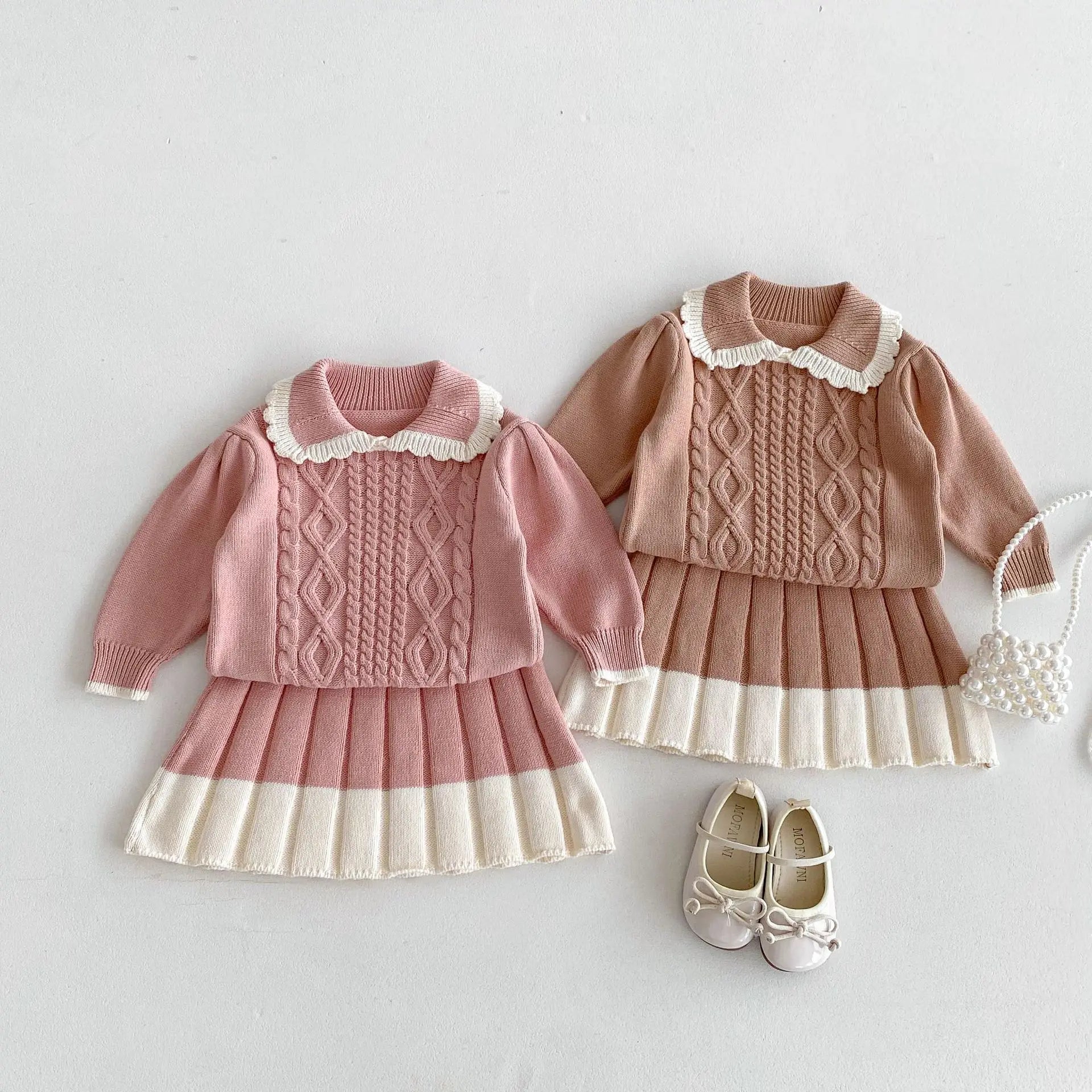 Girls Lace Lapel Knit Sweater & Pleated Skirt