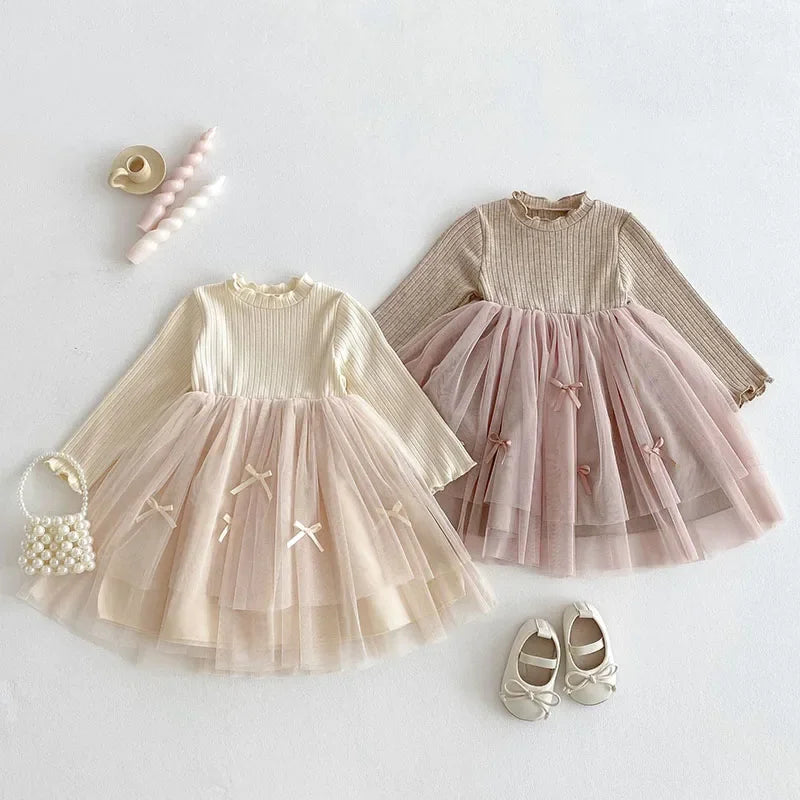 Girls' Bow Mesh Long-Sleeve Dress