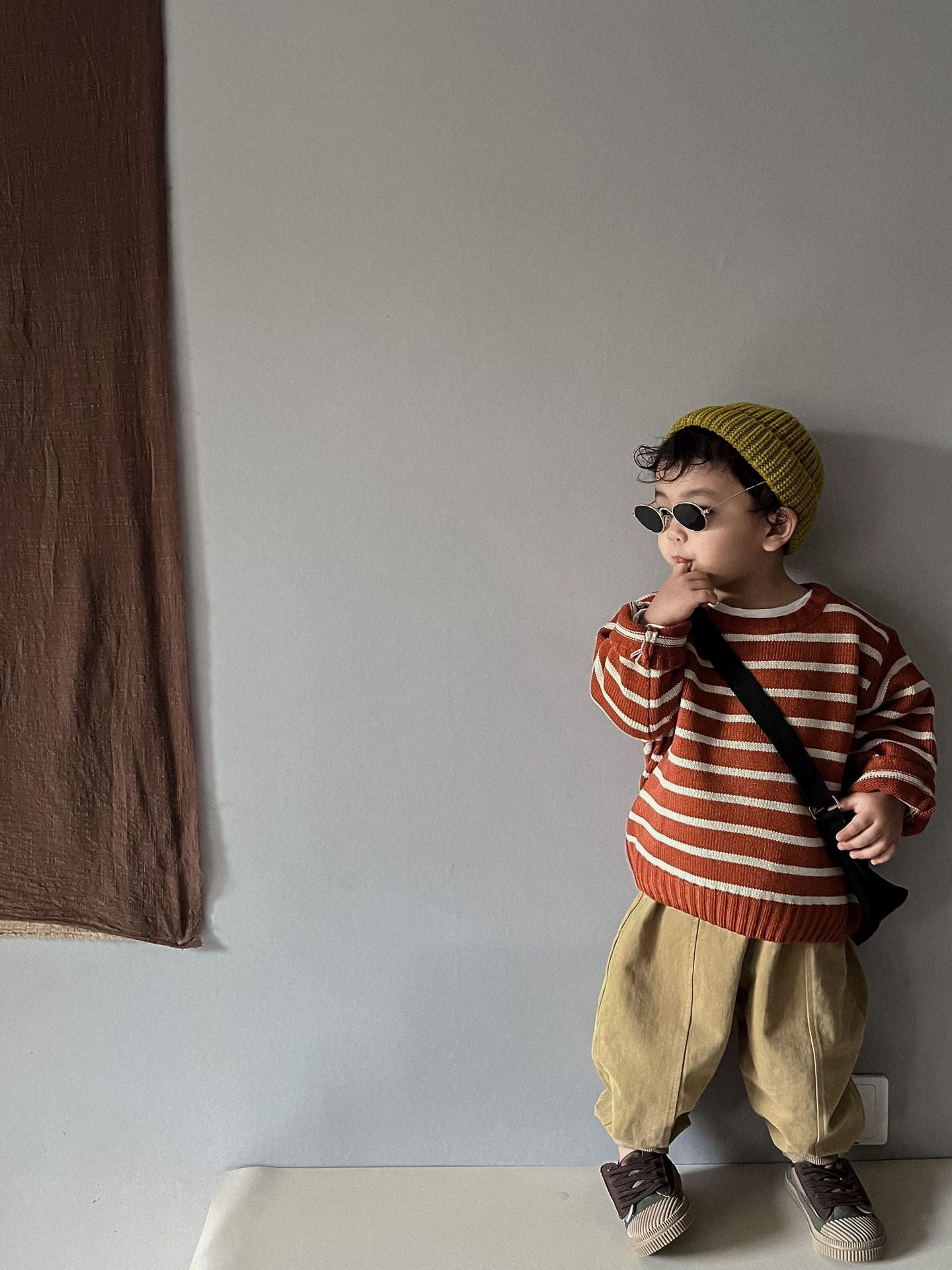 Unisex Kids' Casual Striped Long-Sleeved Knitted Cotton Pullover