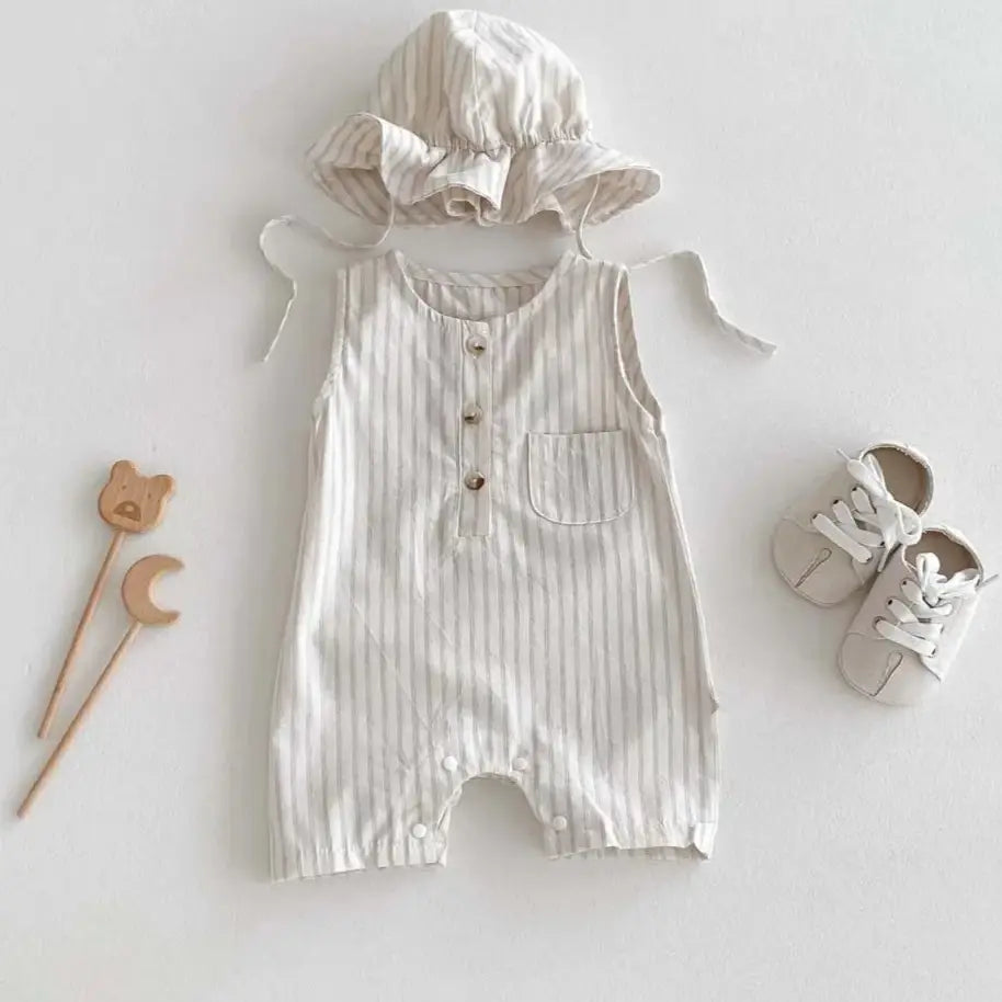 Girls Striped Sleeveless Romper & Cap Set